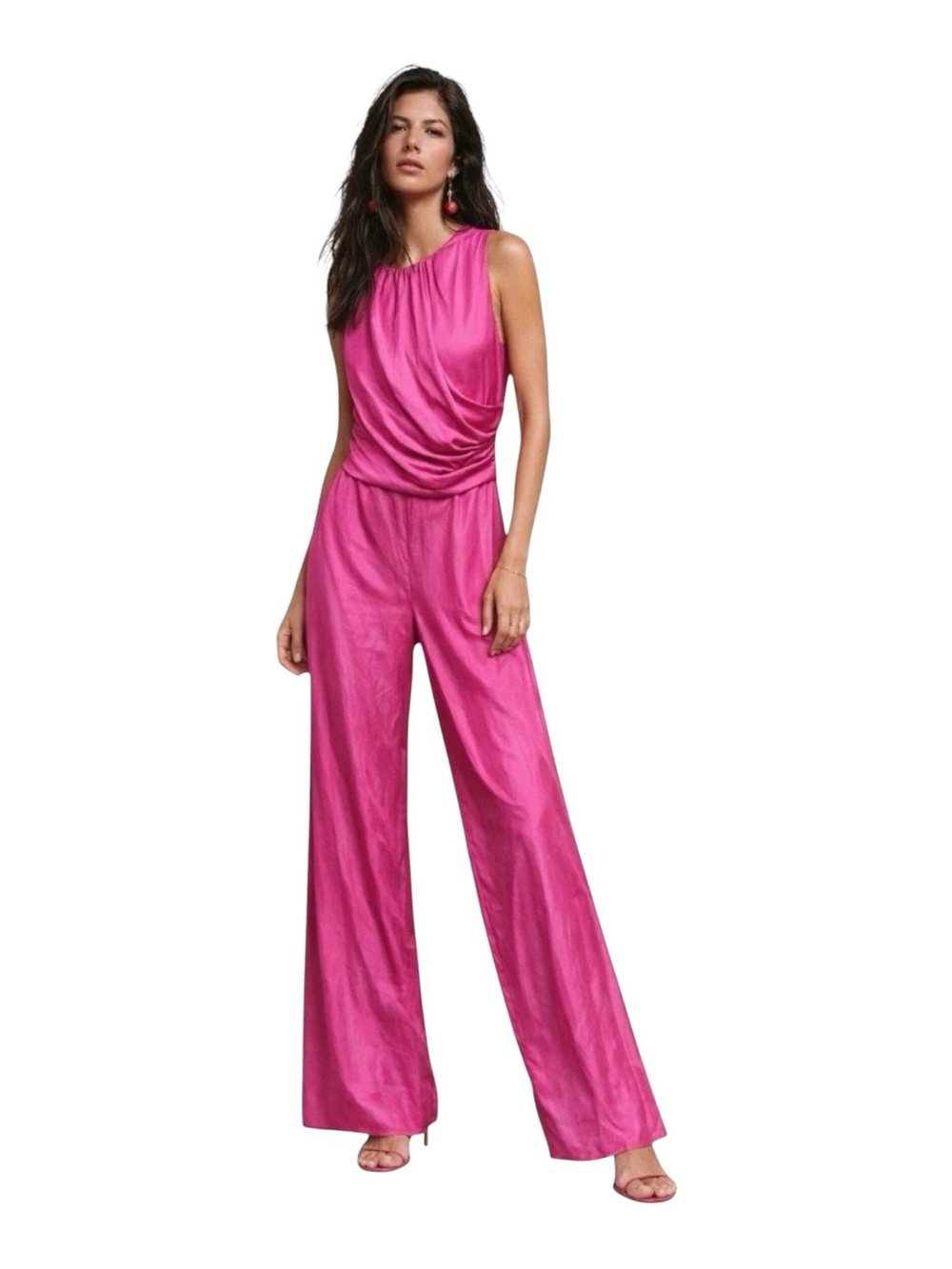ZARA Satin Pink Wide Leg Jumpsuit Draped Sleeveless Fuchsia Size M NWOT